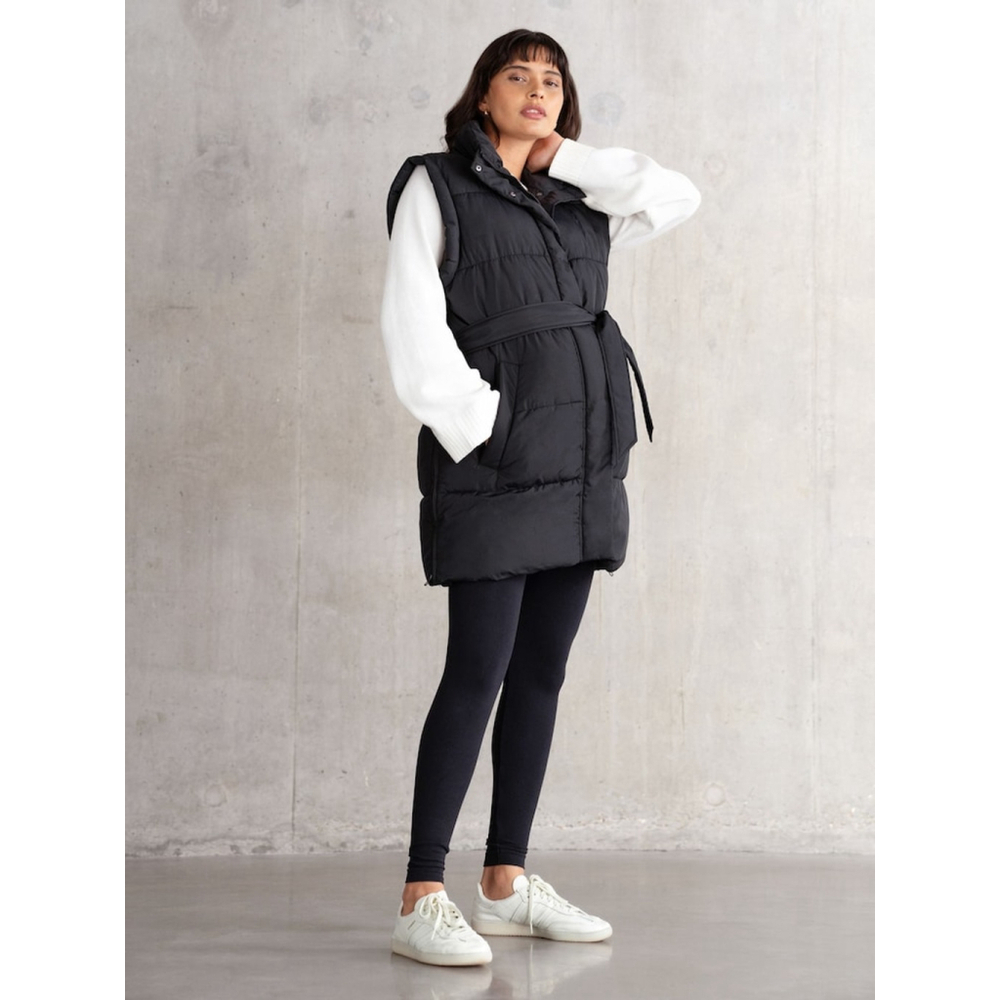 SERAPHINE Maternity Puffer Vest Black – Belted Fit, Side Zips, Warm Lightweight